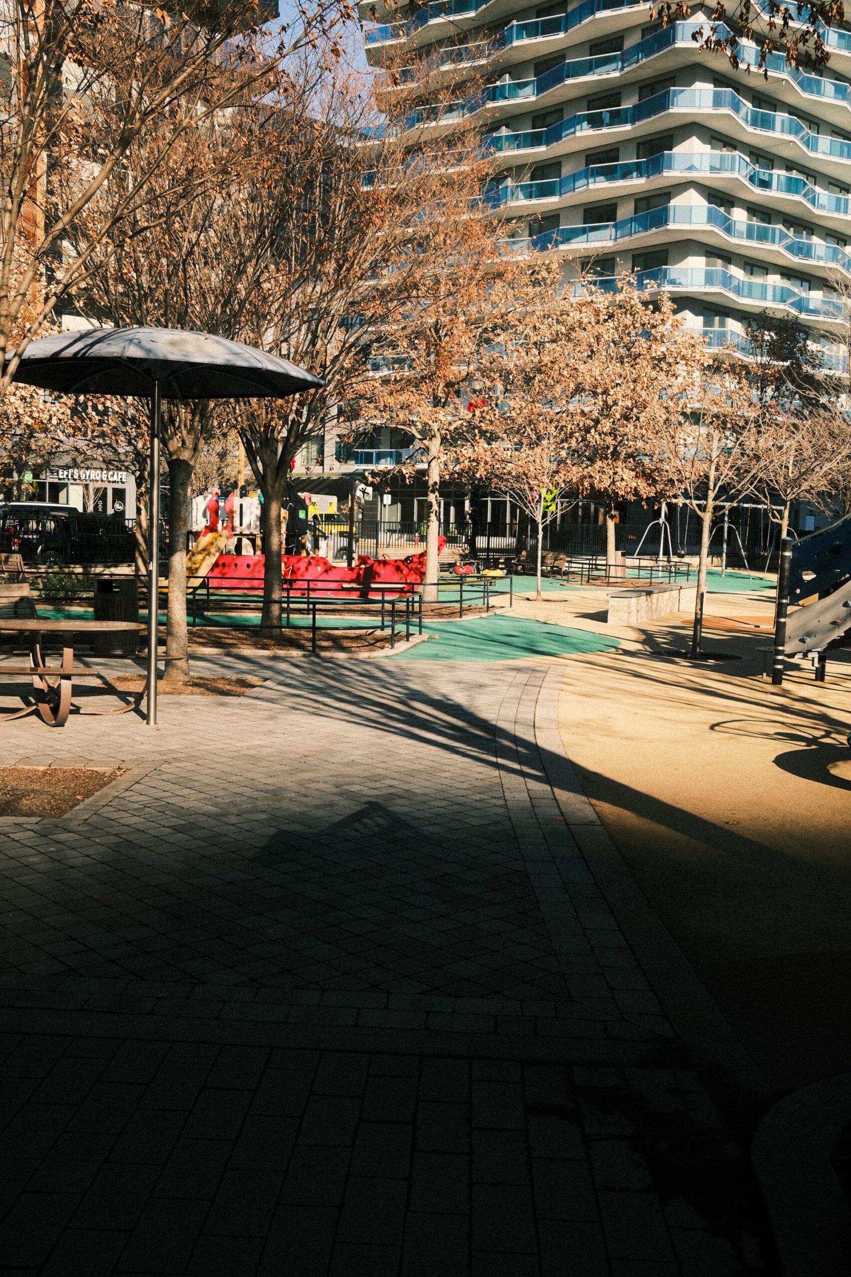 Park playground with shade and rubber surfacing